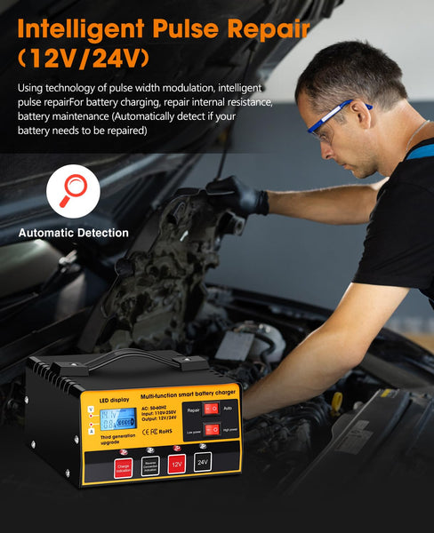 Outerman Car Battery Charger,12V-12A/24V-8.5AMP Smart Automatic Battery Charger,High/Low Power Trickle Charger Battery Maintainer,for Car Motorcycle Lawn Mower Marine