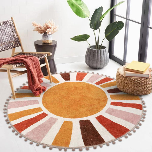 KIMODE Retro Sun Round Rugs Living Room 120cm, Non Slip Area Rugs for Bedroom Soft Machine Washable Rugs Living Room with Pom Poms Fringe Circle