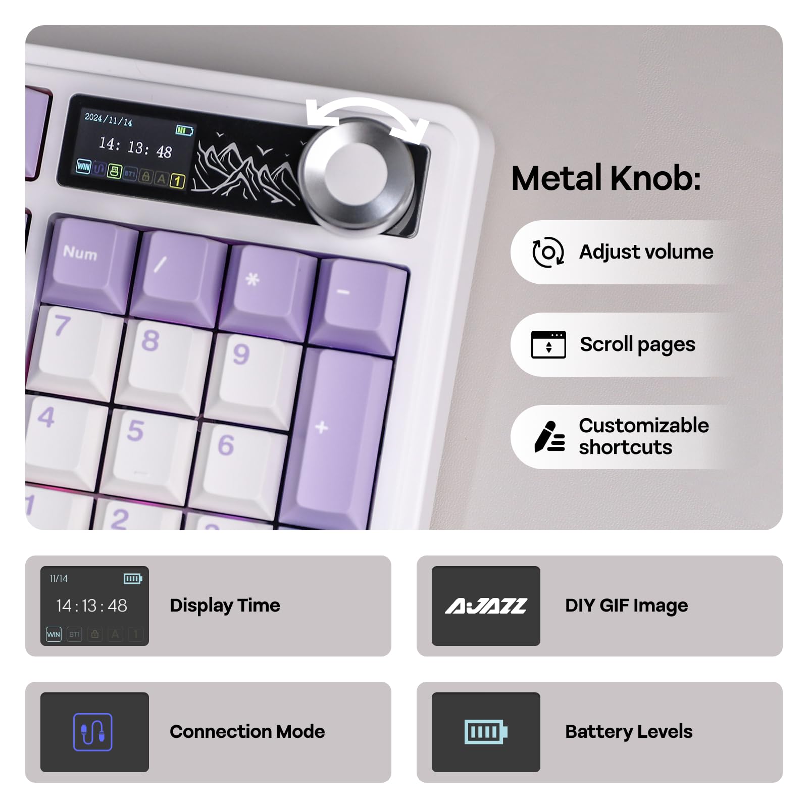 MechLands AK980 98% Mechanical Keyboard, BT5.0/USB-C/2.4GHz Wireless Gaming Keyboard, Hot Swappable Creamy Custom Keyboard with 1.14" TFT Screen, Knob, RGB for Win/Mac (White, Gift V2 Switch)