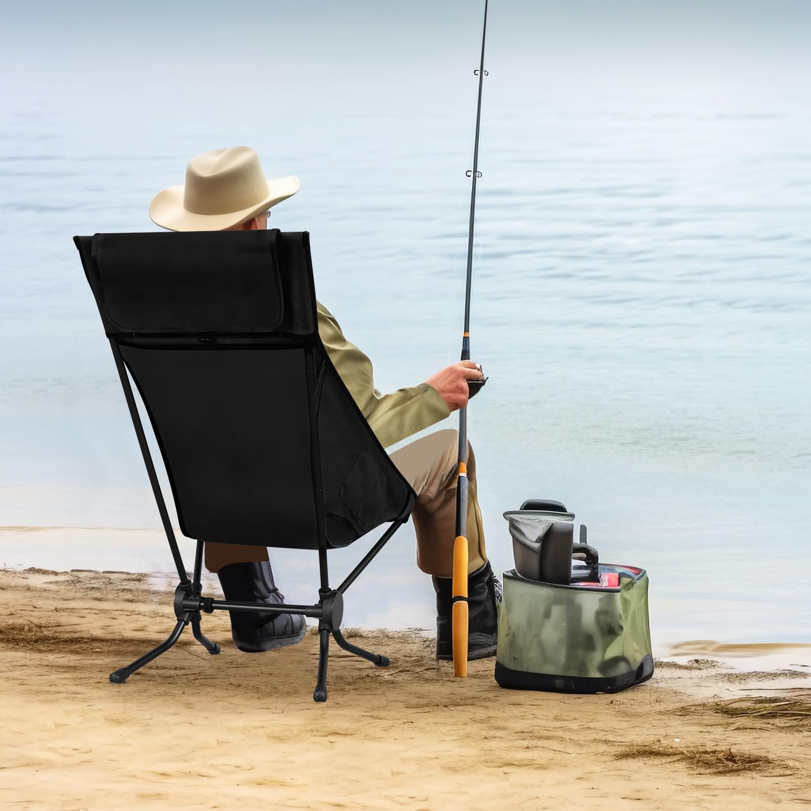 WOLTU Folding Camping Chair, Ultra Lightweight Alu Outdoor Chair, High Back, Portable Chair with Carrying Bag for Fishing, Picnic, Hiking, Heavy Duty 150kg Capacity, Black