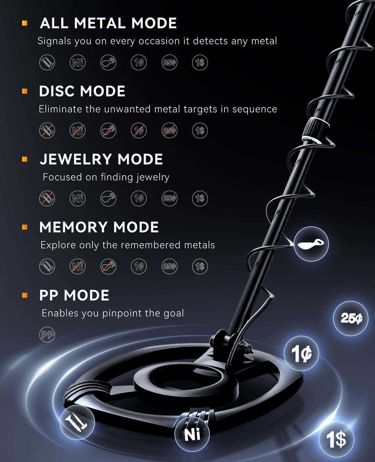 SUNPOW Metal Detector for Adults Professional, High-Tech with DSP Chip and Structure, 3 Pieces Custom, 30cm Waterproof Coil, 2 x LCD Display, 5 Modes, Adjustable Length (50 cm - 150 cm), Stable Spiral