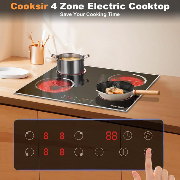 Cooksir Electric Hob 60cm, Ceramic Hob 4 Ring 6700W, Electric Hob 4 Zone with Expandable Dual and Oval Zone, Built-in Hob with Frame, Timer, Safety Lock, 220-240V(No Plug)