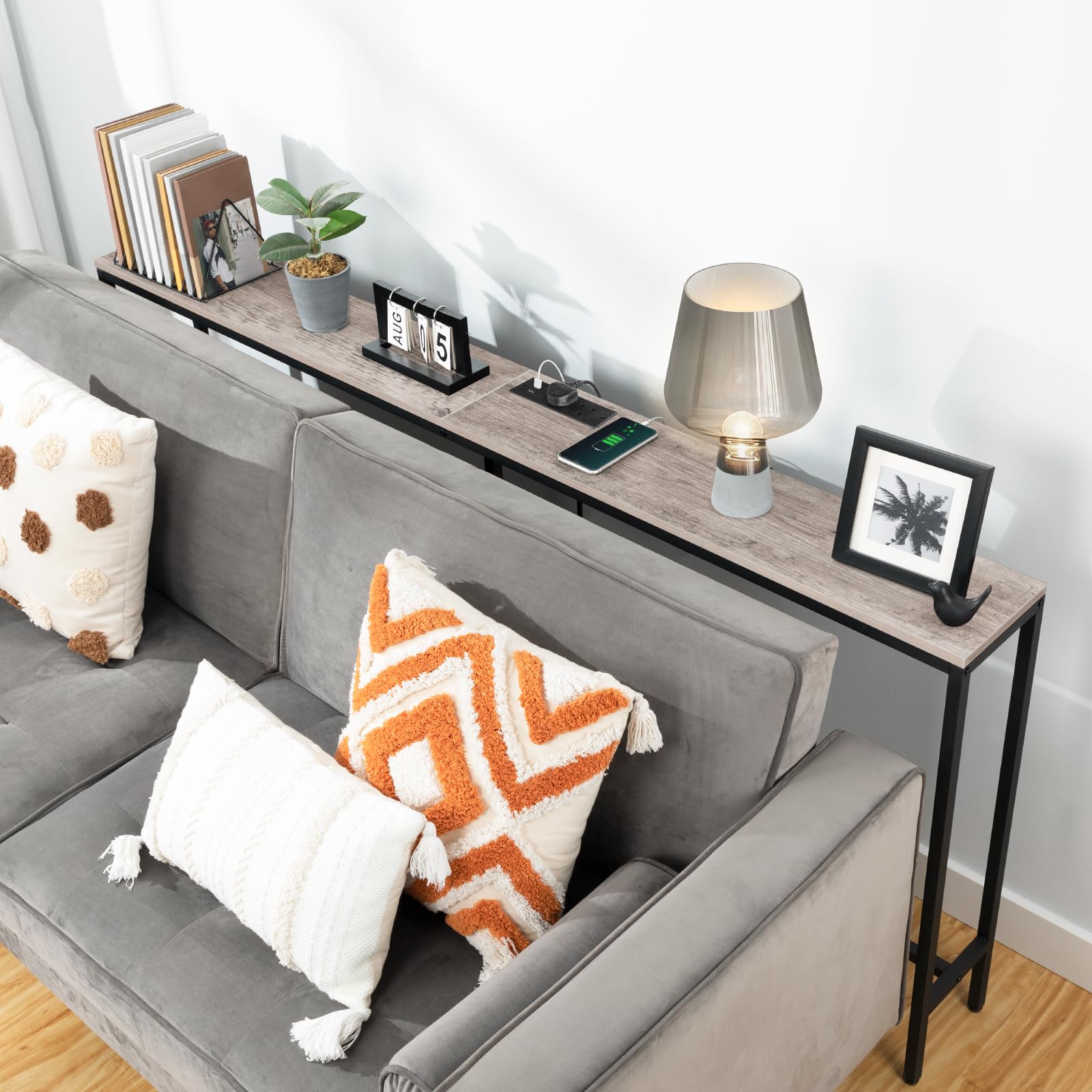 MAHANCRIS Console Table with Power Outlet, 180 CM Narrow Sofa Table, Industrial Entryway Table with USB Ports, Behind Couch Table for Entryway,