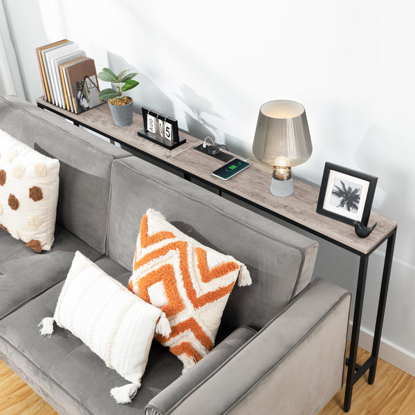 MAHANCRIS Console Table with Power Outlet, 180 CM Narrow Sofa Table, Industrial Entryway Table with USB Ports, Behind Couch Table for Entryway,