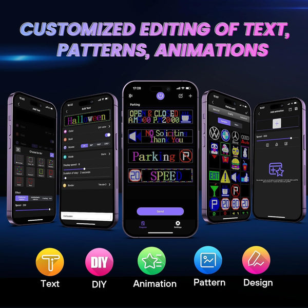 Qnoavve Bluetooth App Control LED Sign, 14.6"x3.6" Devil Eyes Car Lights, Flexible USB 5V LED Car Sign, Programmable Customizable Display Panel, Scrolling Message Board for Store Bar Hotel Party