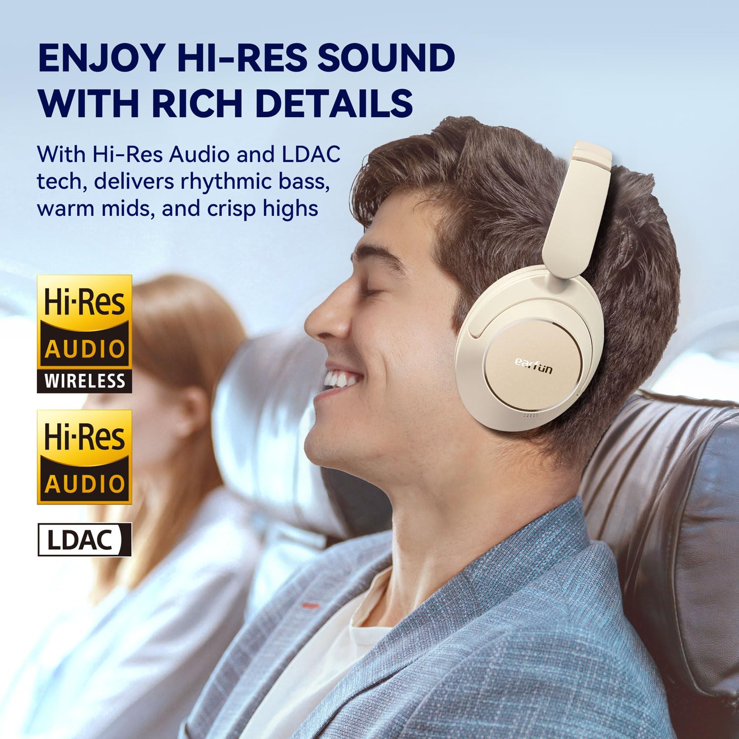 EarFun Wave Pro Hybrid Active Noise Cancelling Headphones, Wireless Over Ear Bluetooth Headphones, LDAC Hi-Res Audio, 80H Playtime, Comfortable Fit, 5-Mic Clear Calls, Multipoint Connection, EQ in APP
