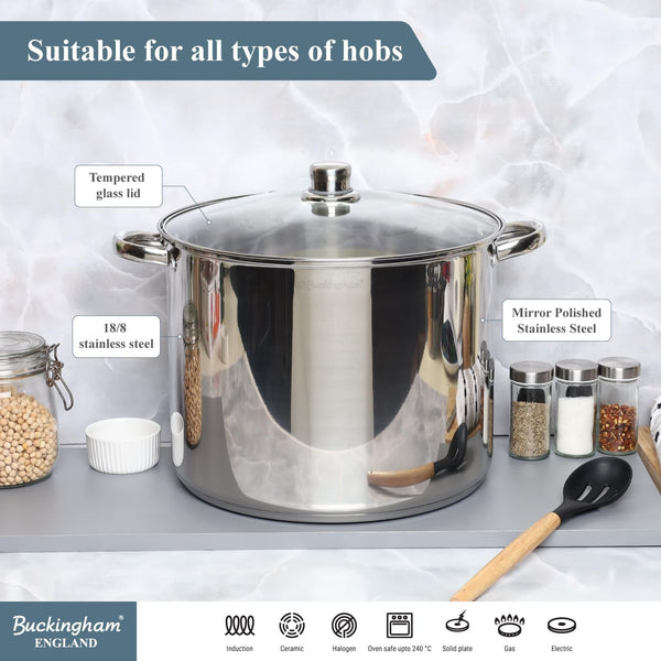 Buckingham Stainless Steel Stock Pot with lid Multipurpose Large Cooking Pot for Soups Stews (11 Litre)