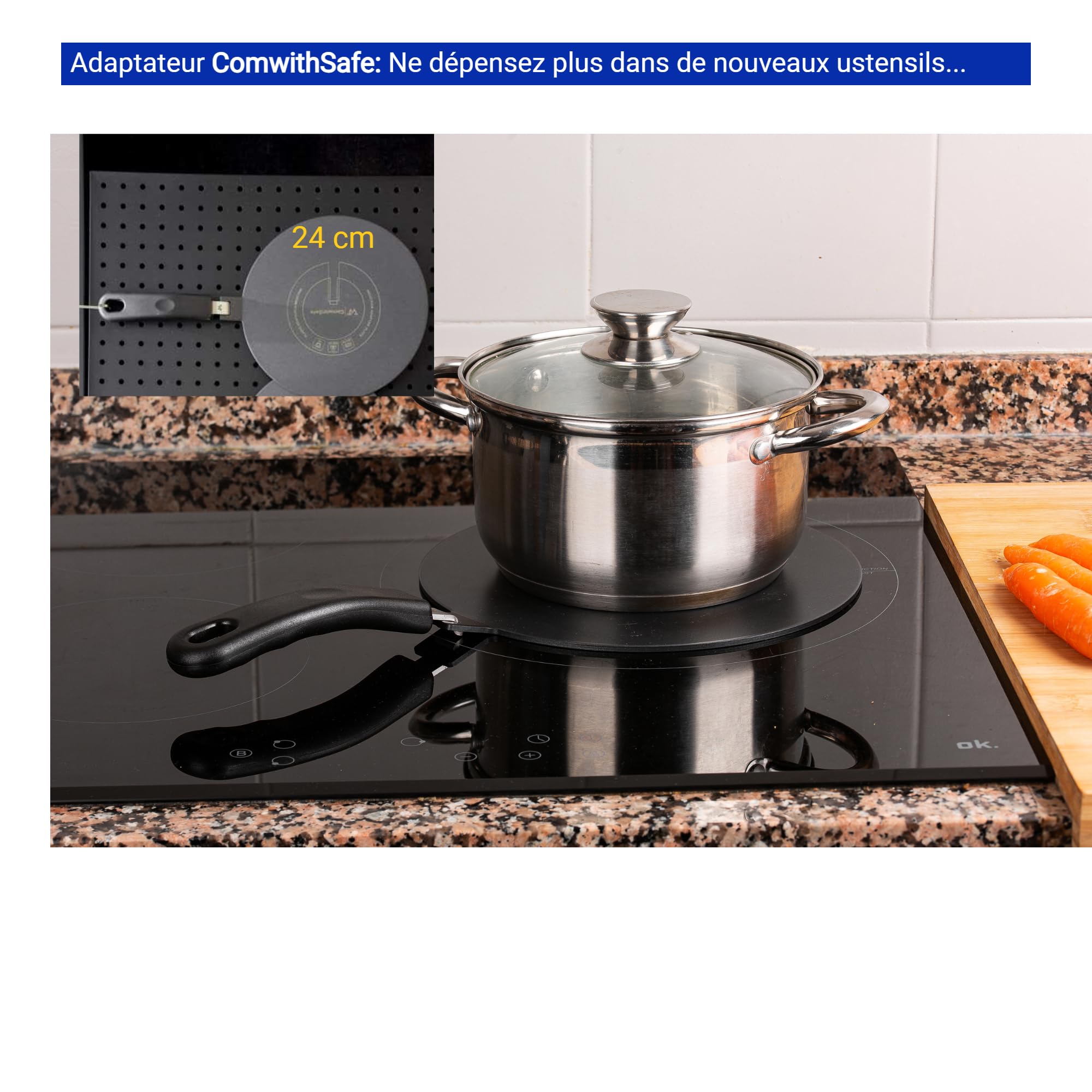 ComwithSafe Induction Adaptor 24 cm with Removable Insulating Handle  Does Not Change Colour After Use  Heat Diffuser Plate with Black High