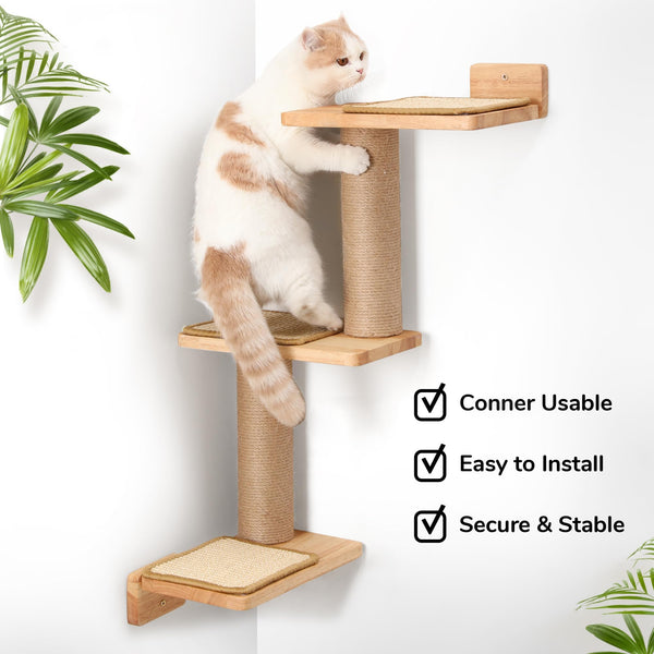 FUKUMARU Cat Climbing Shelf Wall Mounted, Natural Rubber Wood Material, Cat Stairway with Jute Scratching Post for Cats Perch Platform Supplies