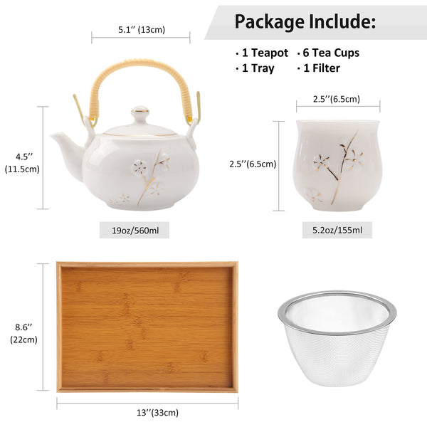 Dujust Japanese White Porcelain Tea Set - Teapot, 6 Tea Cups, Tray & Stainless Infuser - Plum in Golden