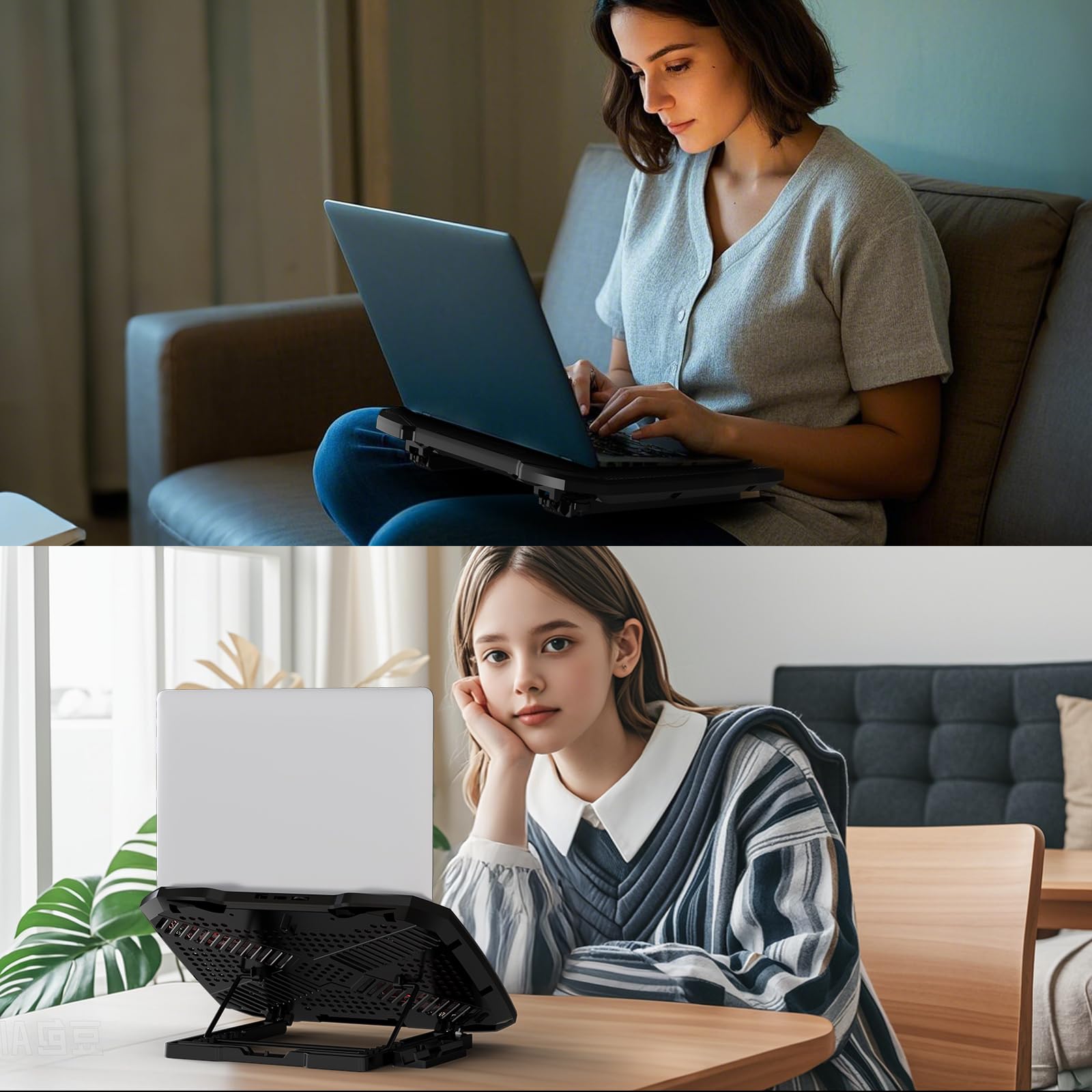 AIMIUZI Laptop Cooling Pad, Laptop Cooler for 12-15.6 Inch Notebooks, Laptop Cooling Stand with 5 Quiet Fans, 5 Height Adjustable, 2 USB Ports, Phone Stand (Black)