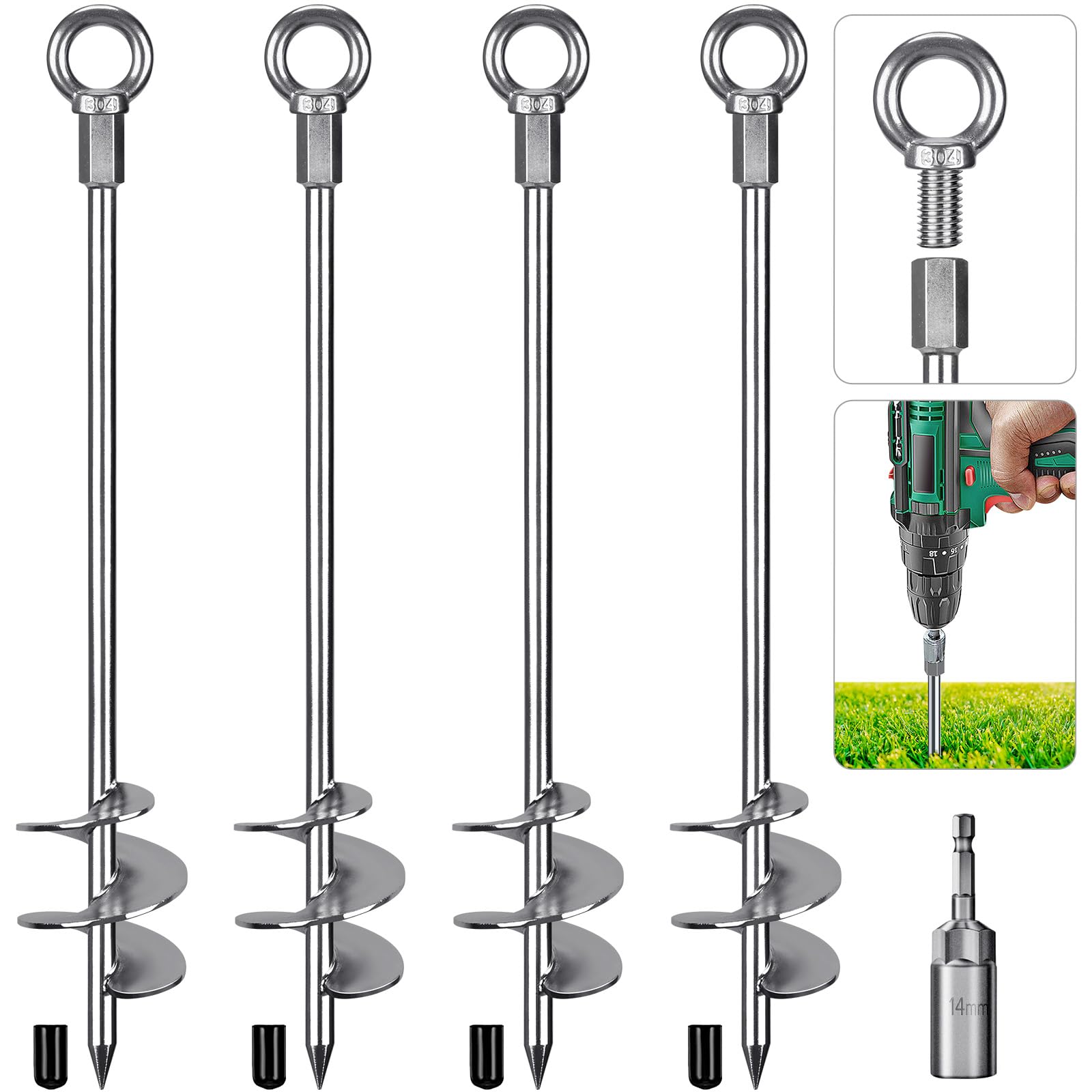 Insaga 30'' Fully Welded Ground Anchors Screw in, Wider Spiral Earth Anchor for Swing Set, 4pcs Mobile Home Anchors, Wind Resistant Trampoline Wind