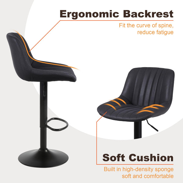 Youhauchair Bar Stools Set of 2, Swivel Counter Height Barstools with Back, Adjustable PU Leather Bar Chairs, Modern Armless Kitchen Island Stool, Black