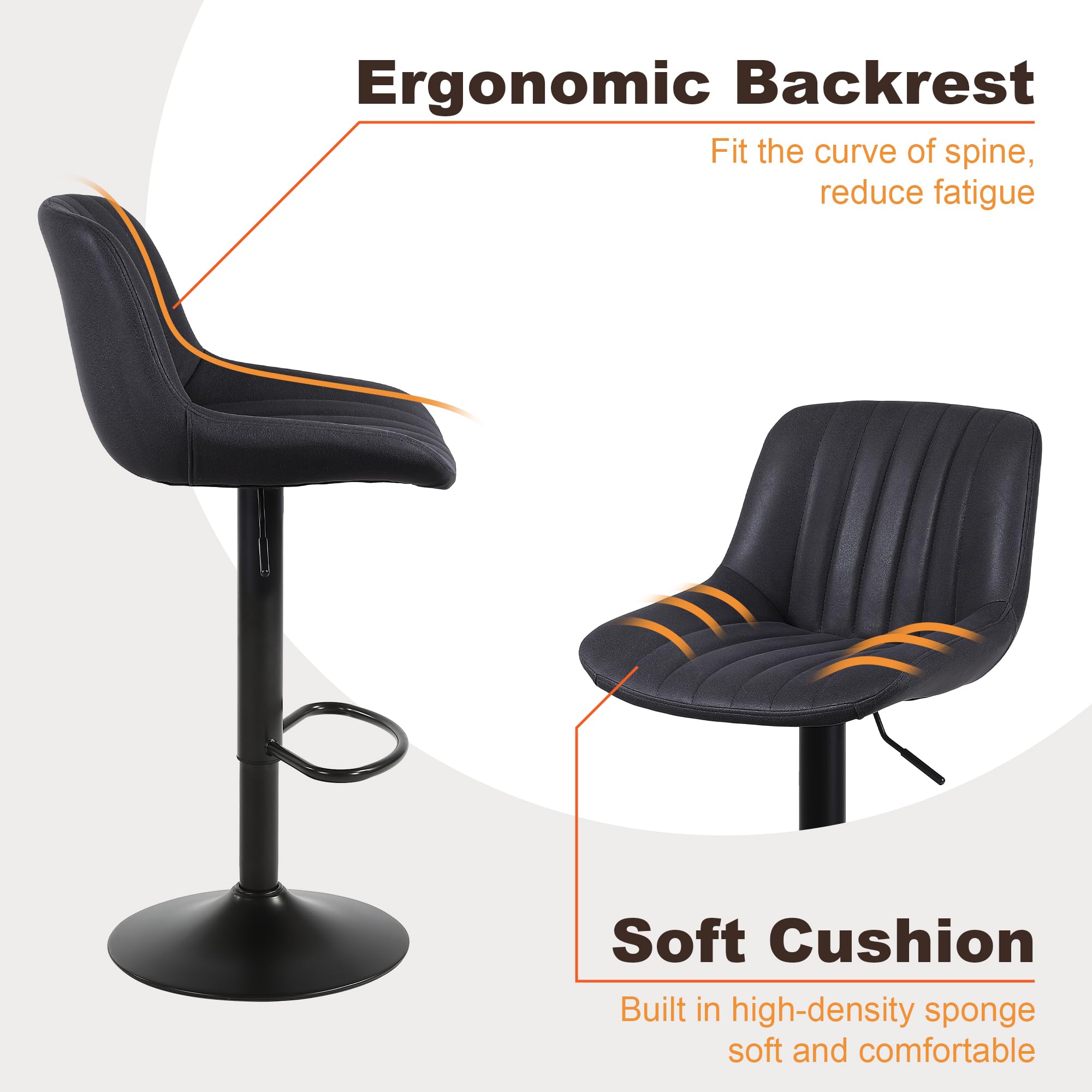 Youhauchair Bar Stools Set of 2, Swivel Counter Height Barstools with Back, Adjustable PU Leather Bar Chairs, Modern Armless Kitchen Island Stool, Black