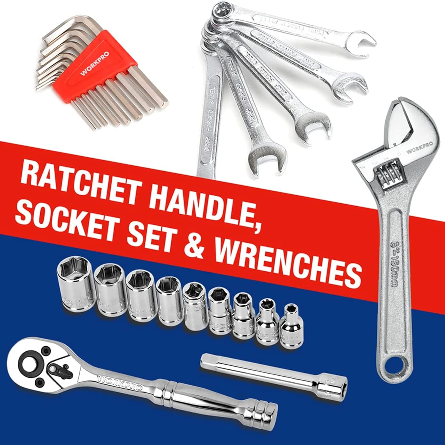 WORKPRO 160-Piece Home Repair Tool Kit with Durable Storage Case, Household DIY Tool Set Including Pliers, Sockets, Screwdrivers, Hex Keys, Wrenches, Ideal for DIY, Workshop, Garage