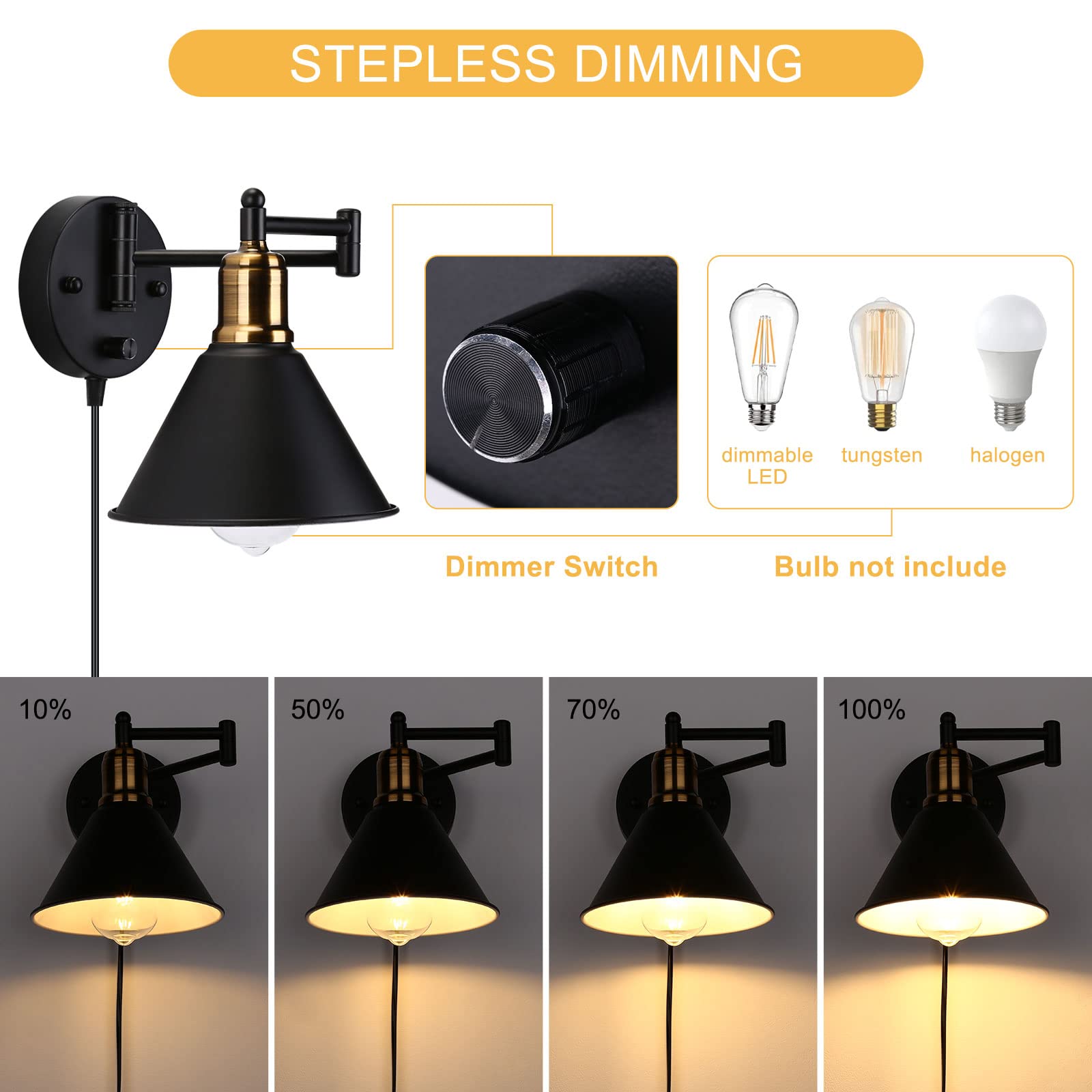 Lightess Black Plug Wall Light Industrial Swing Arm Wall Lights with Switch, Dimmable Wall Lamp E27 Retro Wall Sconce for Bedroom, Living Room, Set of