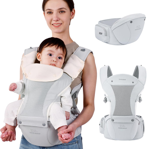 Bebamour Baby Carrier Newborn to Toddler Baby Carrier Hipseat 0-36Months with Head Hood, 3 PCS Teething Pads, Waist Extender, Grey