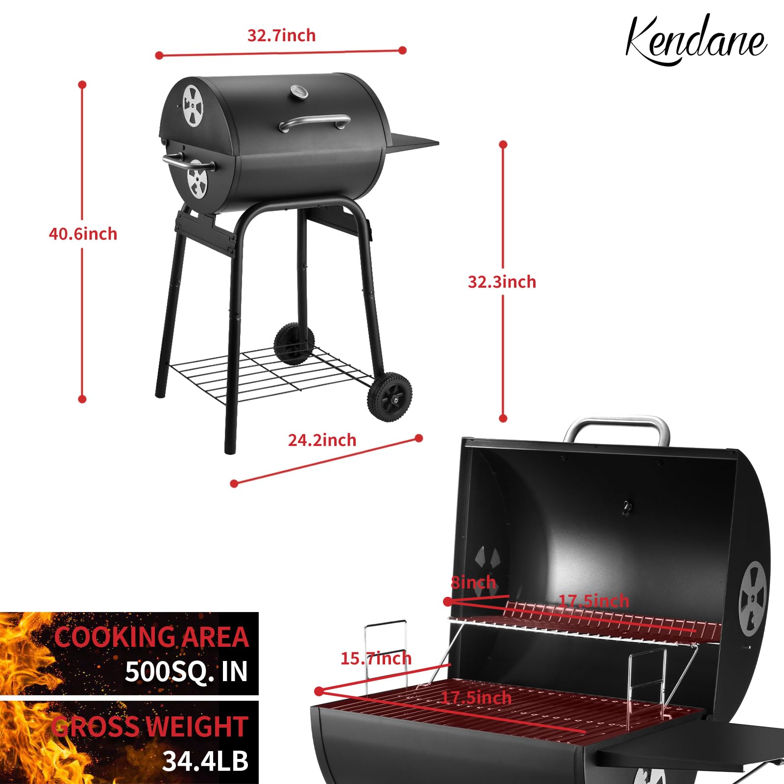 Charcoal BBQ Grill Smoker with Side Shelves, Portable Barrel Barbecue Grill Outdoor with Temperature Gauge, Warming Rack, Stainless Steel Racks, and Air Vents for Camping and Garden