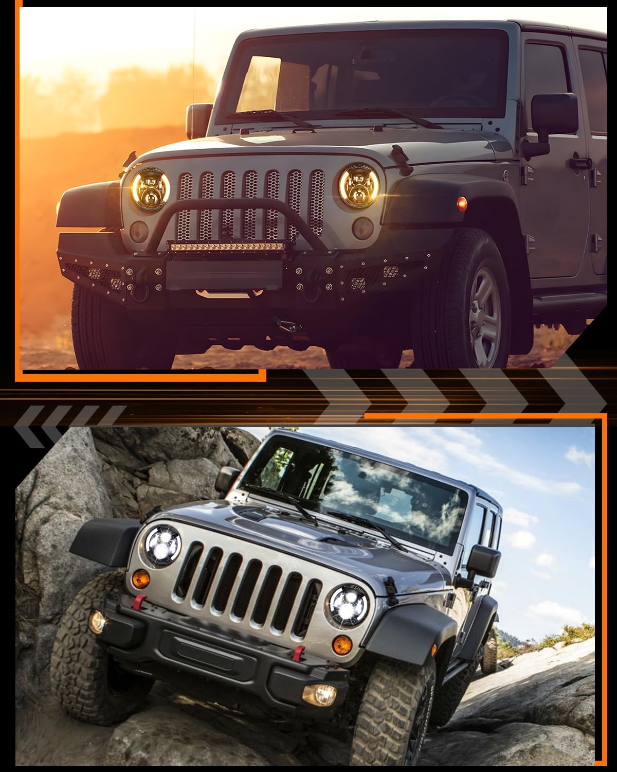 CO LIGHT 7 Inch LED Headlight Round Half Halo Angel Eyes DRL Amber Turn Signal Lights DOT and E-Mark Approved, H6024 LED Headlights with H4 H13 Adapter Compatible for Wrangler JK TJ LJ CJ, 2PCS