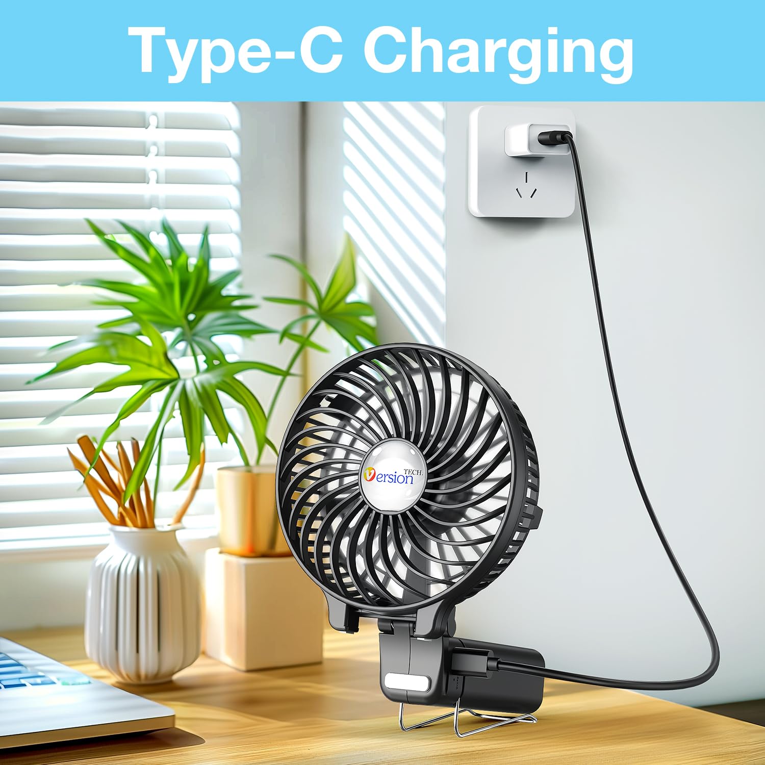 VersionTech Hand Held Fan,Portable Handheld USB Rechargeable Fans with 3 Speeds,Battery Operated Electric Powered Mini Foldable Desk Desktop Fans for Home Office Ceiling Travel Black