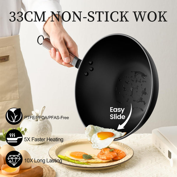 Jobin 13Inch/33cm Wok Non Stick with Lid Carbon Steel Wok and Large Capacity for Cook Asian Dishes for 4-6 People, Ideal for Induction, Gas, All Hobs