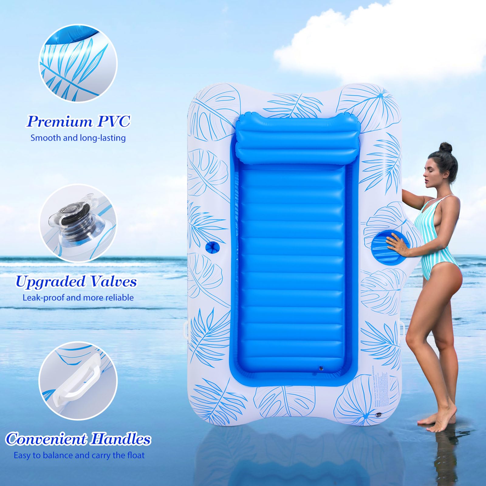 MoKo Pool Floats Adult, Floating Bed with Ice Bar, Tanning Bed Pool Raft Inflatable Lounger with Drink Holder Tanning Chair Inflatable Pool Toys for Party Beach Backyard