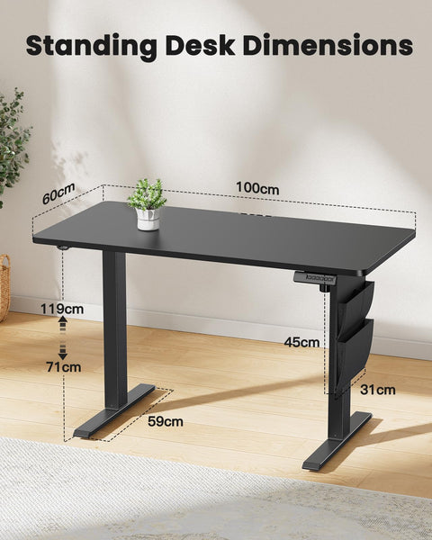 ErGear Standing Desk 100x60cm with 2-piece tabletop,Supports Up to 80KG Height Adjustable Electric Standing Desk with Storage Bag,Backpack Hook and