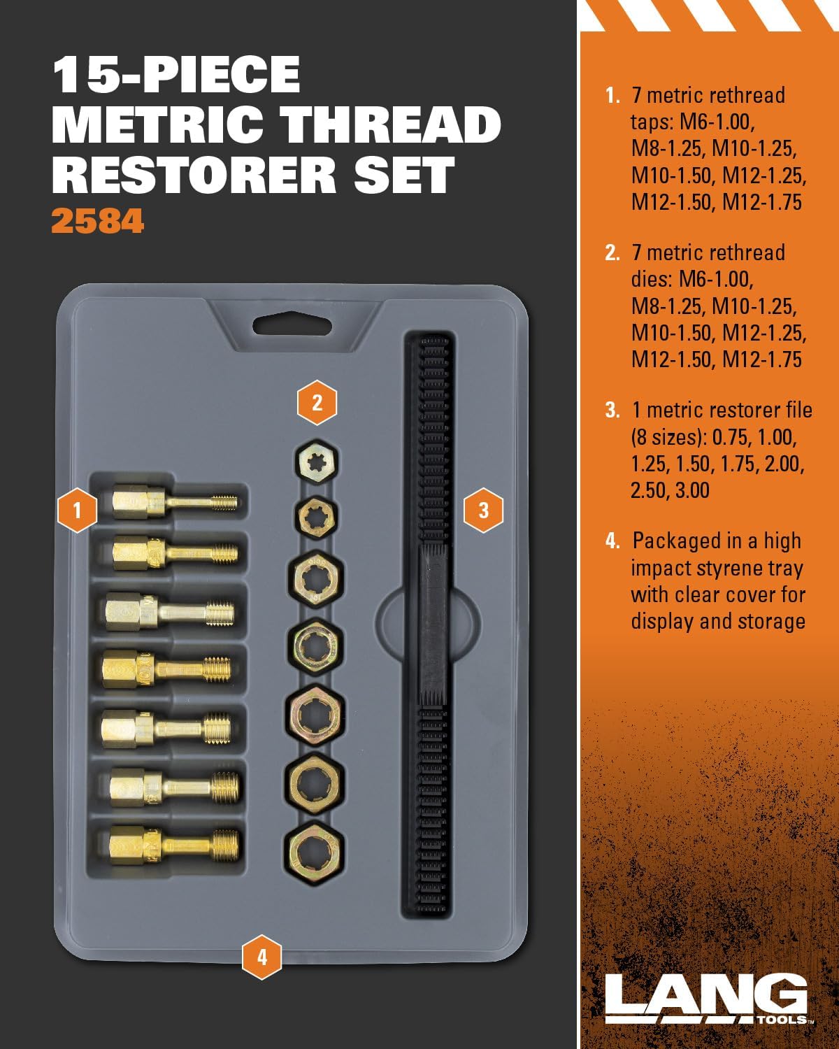 Lang Tools 2584 15-Piece Metric Thread Restorer Set, Black, Gray