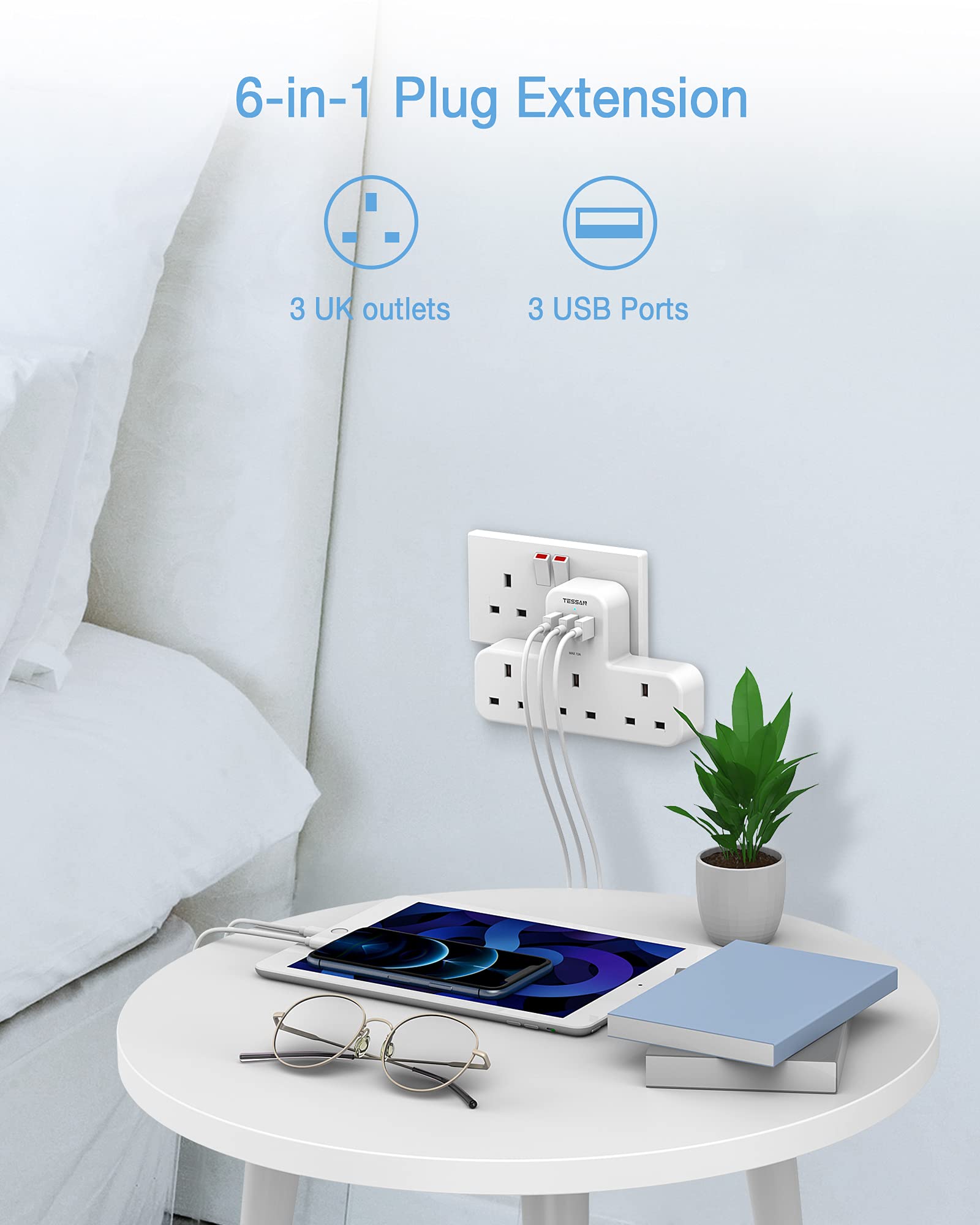 Plug Adapter, TESSAN Plug Extension Socket with 3 USB, 3 Way UK Multi Outlets Extender, Wall Charger for School Home, Kitchen, Office, School Supplies