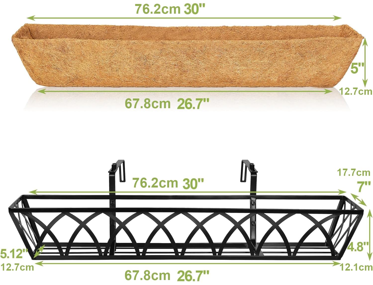 HFHOME 4Pcs 30"/76.2cm Wall Trough Rail Planters, Large Hanging Flower Baskets with Coco Liner and Adjustable Brackets, Metal Railing Planter Box for