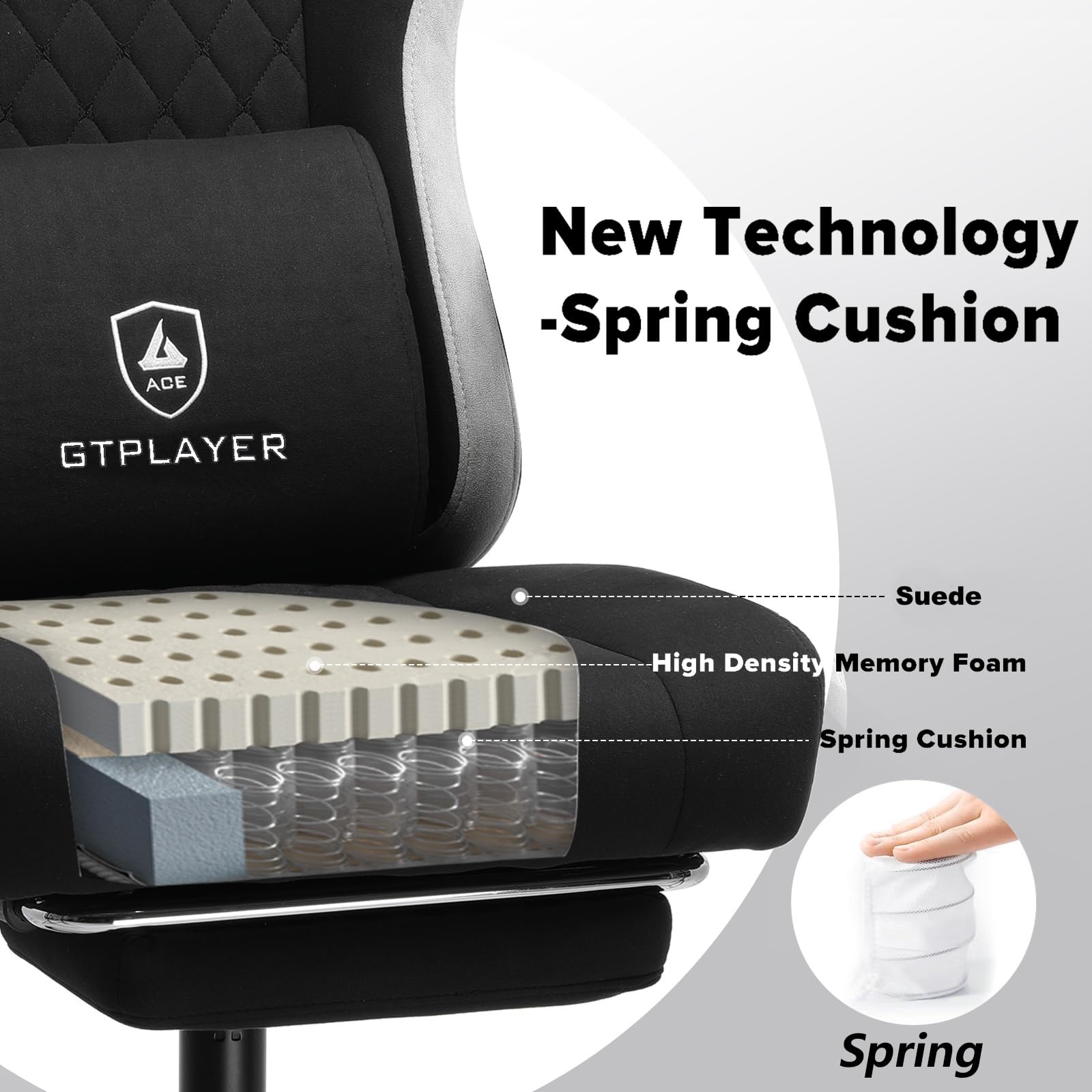 GTPLAYER Fabric Gaming Chair with Footrest, Ergonomic Computer Desk Chair with Pocket Spring Cushion Home Office High Back Support Lumbar Support Heavy Duty Wide