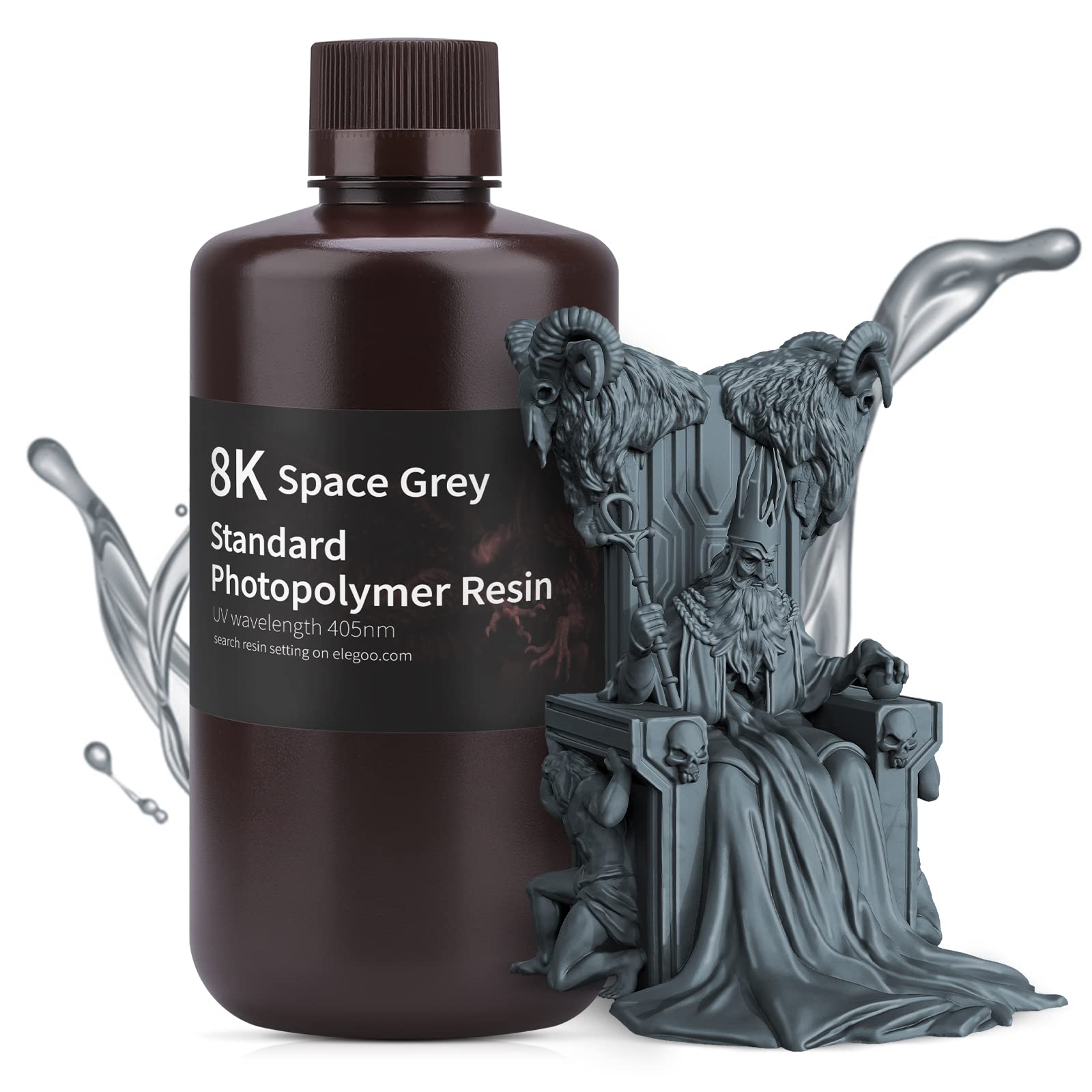 ELEGOO 8K 3D Printer Resin, Standard Photopolymer Resin 405nm UV-Curing Resin, Best for 8K/9K/12K/14K/16K LCD 3D Printer Space Grey 1000G