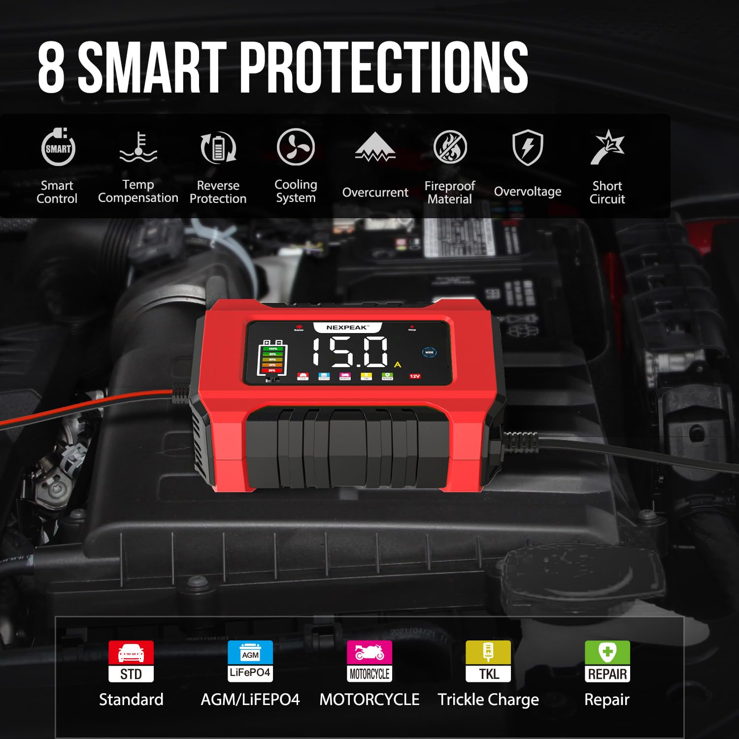 15A Car Battery Charger, 12V 15A/24V 8A Smart Fully Automatic Battery Charger with Temperature Compensation for Car Truck Motorcycle Marine Lead Acid Batteries and LiFePO4 Batteries