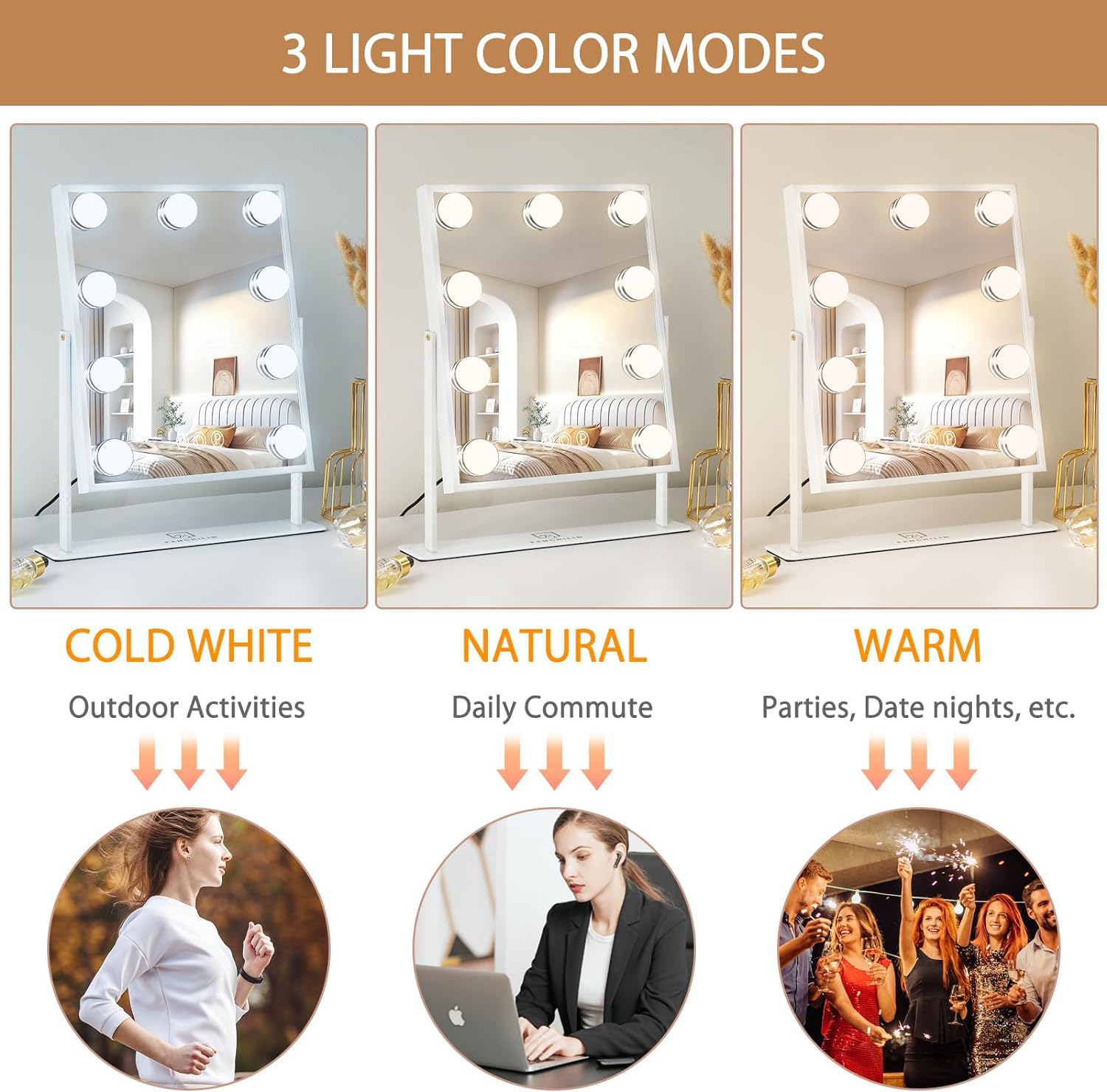 FENCHILIN Vanity Mirror with Lights Makeup Mirror with Lights 9 LED Bulbs Lighted Hollywood Mirror Light up Vanity Mirror 360 Rotation 3 Color