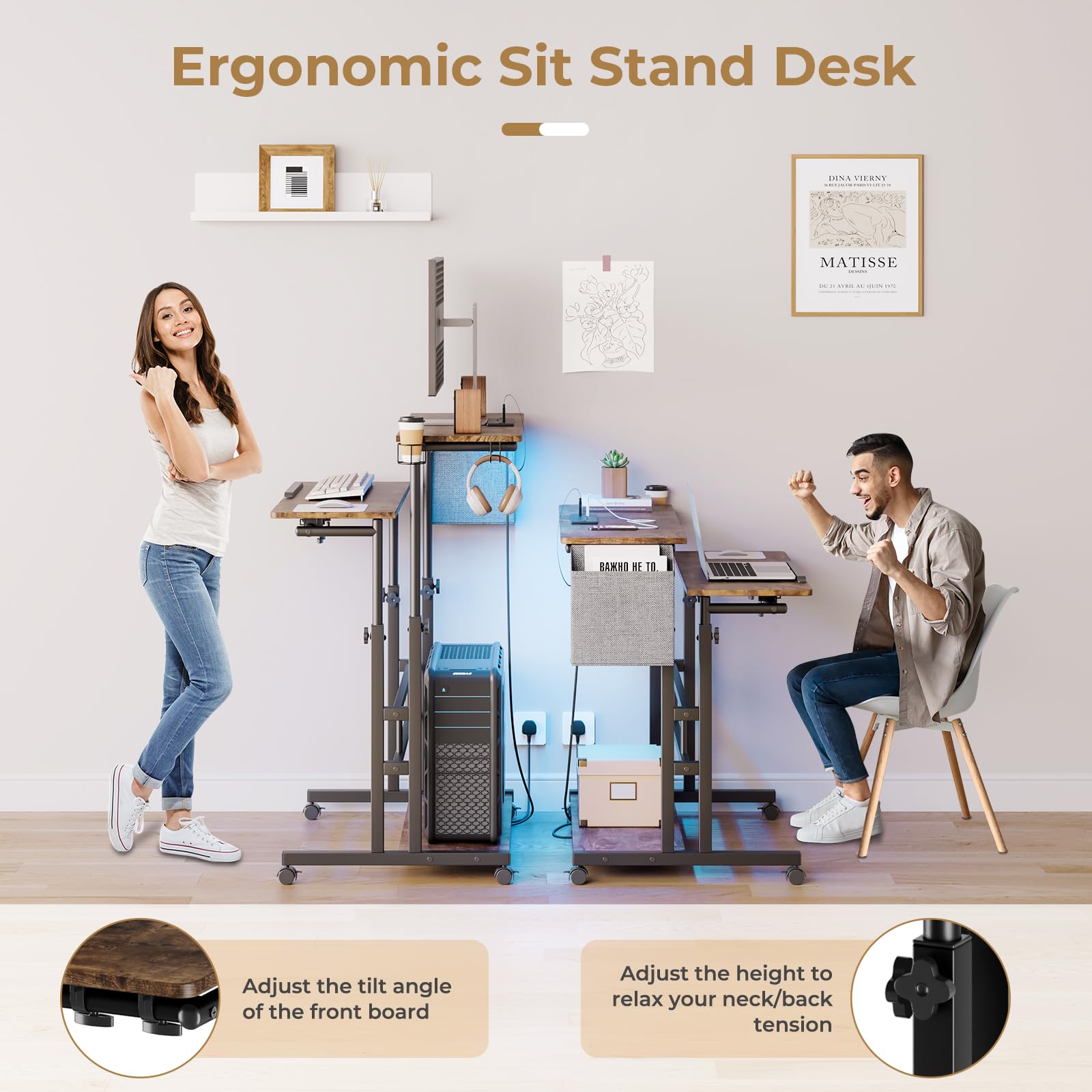 Dripex Mobile Standing Desk with Power Outlets & Strip Lights, Height Adjustable Desk With Cup Holder, Hook, Storage Bag, Rolling Sit-Stand Computer