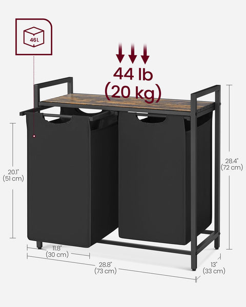 VASAGLE Laundry Basket, Laundry Hamper, Pull-Out and Removable Liner Bag, Shelf, Metal Frame, 65 L, 50 x 33 x 72 cm, Ink Black and Rustic Brown BLH101B01