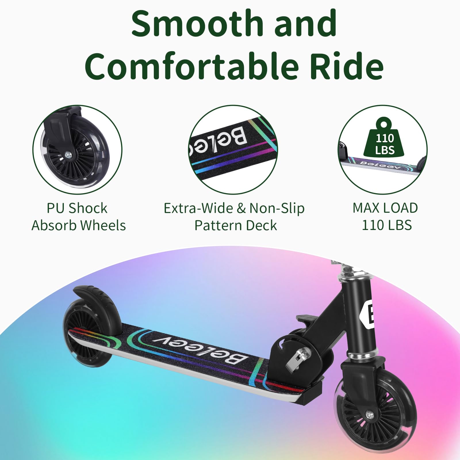 BELEEV V2 Scooters for Kids with Light-Up Wheels & Stem & Deck, 2 Wheel Folding Scooter for Girls Boys, 3 Adjustable Height, Non-Slip Pattern Deck,