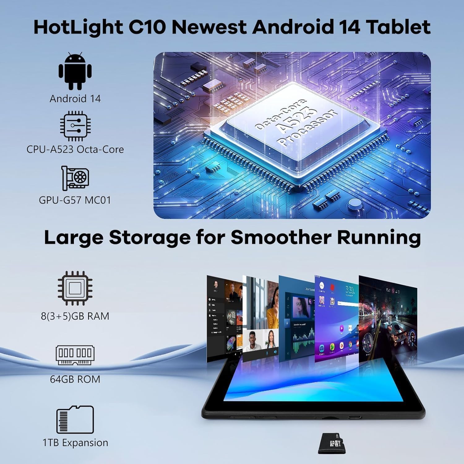 HotLight Tablet 10 inch Android 14 Octa-Core Processor, Face ID, OTG, 8GB+64GB+1TB Expansion, 1280 * 800 IPS, Support Split-Screen, WiFi 6, BT5.3, Dual Camera 5MP+8MP, 5000mAh, Widevine L1(Black)