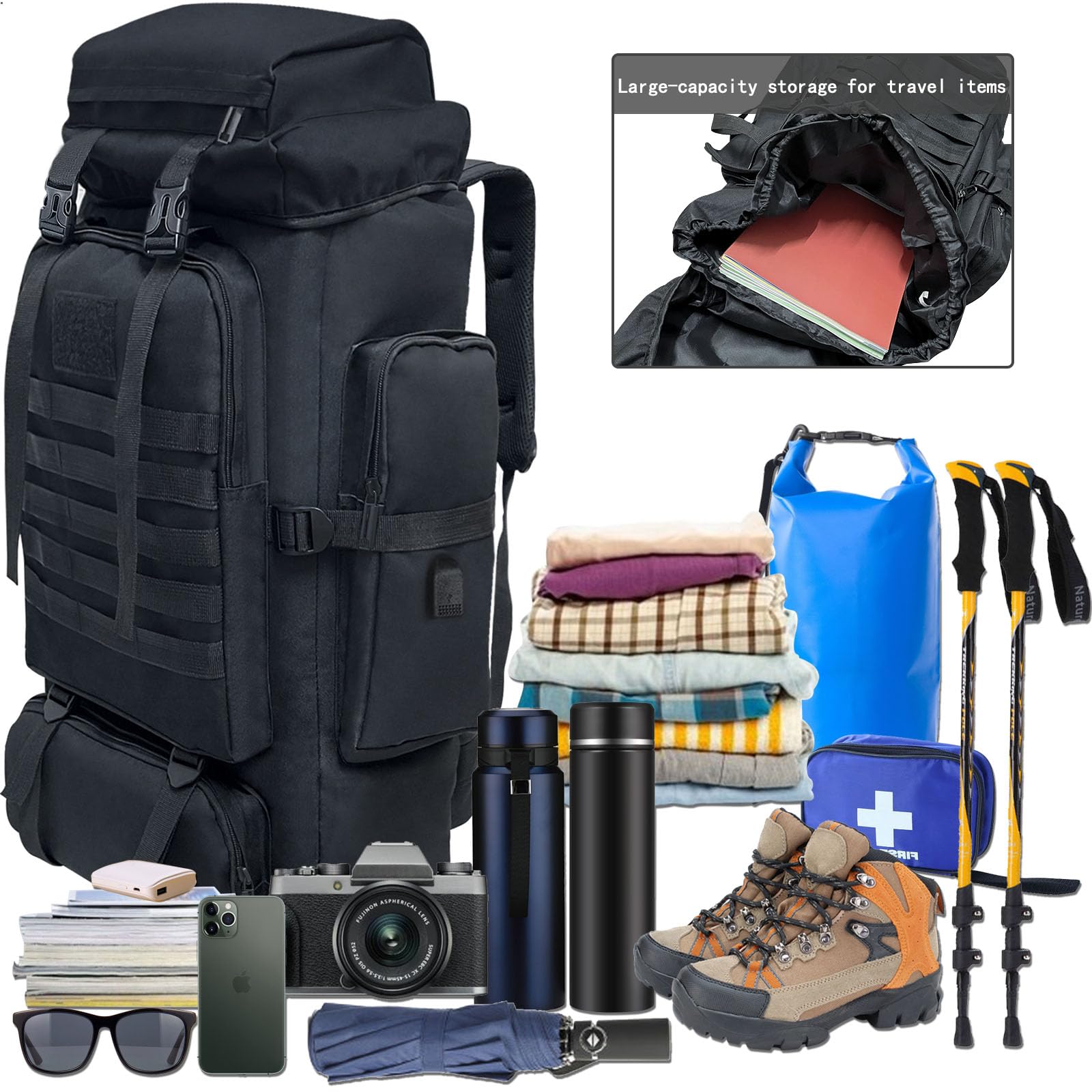 Ogetok 80L Hiking Backpack Camping Rucksack, 80 liters Large Capacity Outdoor Knapsack Travel Climbing Mountaineering Carry On Backpack Bag, Trekking Backpacking for Men Women, Black