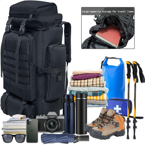 Ogetok 80L Hiking Backpack Camping Rucksack, 80 liters Large Capacity Outdoor Knapsack Travel Climbing Mountaineering Carry On Backpack Bag, Trekking Backpacking for Men Women, Black