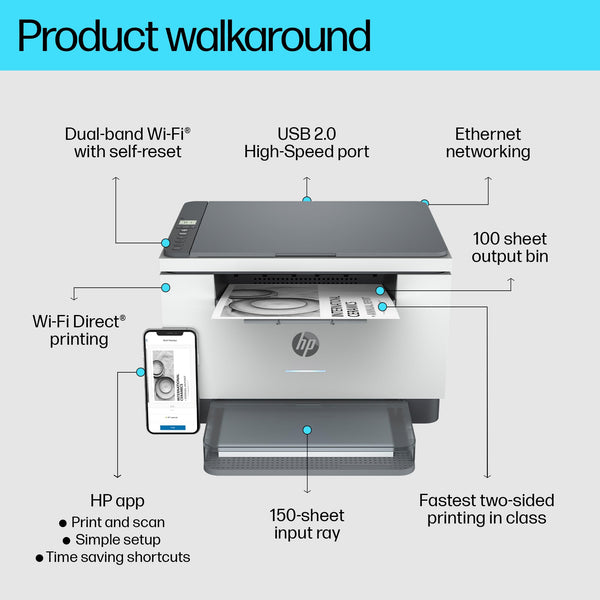 HP LaserJet M234dw Wireless Black & White Multi-function Printer | 1 Year Limited Warranty | 2-sided printing | Dual-band WI-FI with self-reset | 150-sheet input tray | HP Auto-On/ Off technology