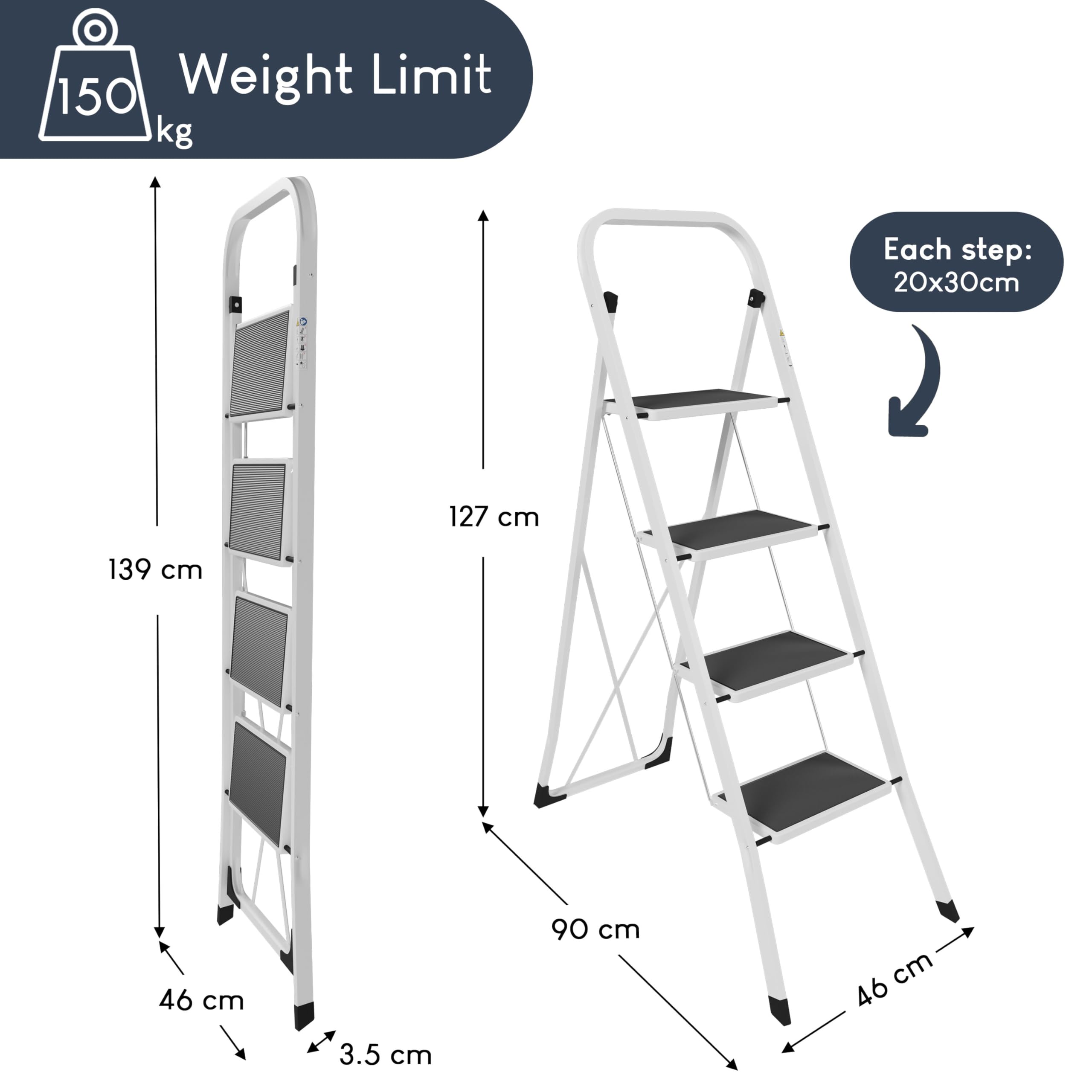 Home Vida 3 Step Ladder - Heavy Duty Steel Folding Ladder with Slip-Resistant and Wide Steps, Folding Mechanism, 150kg Max Load, Home/Kitchen/DIY/Garden Use, White