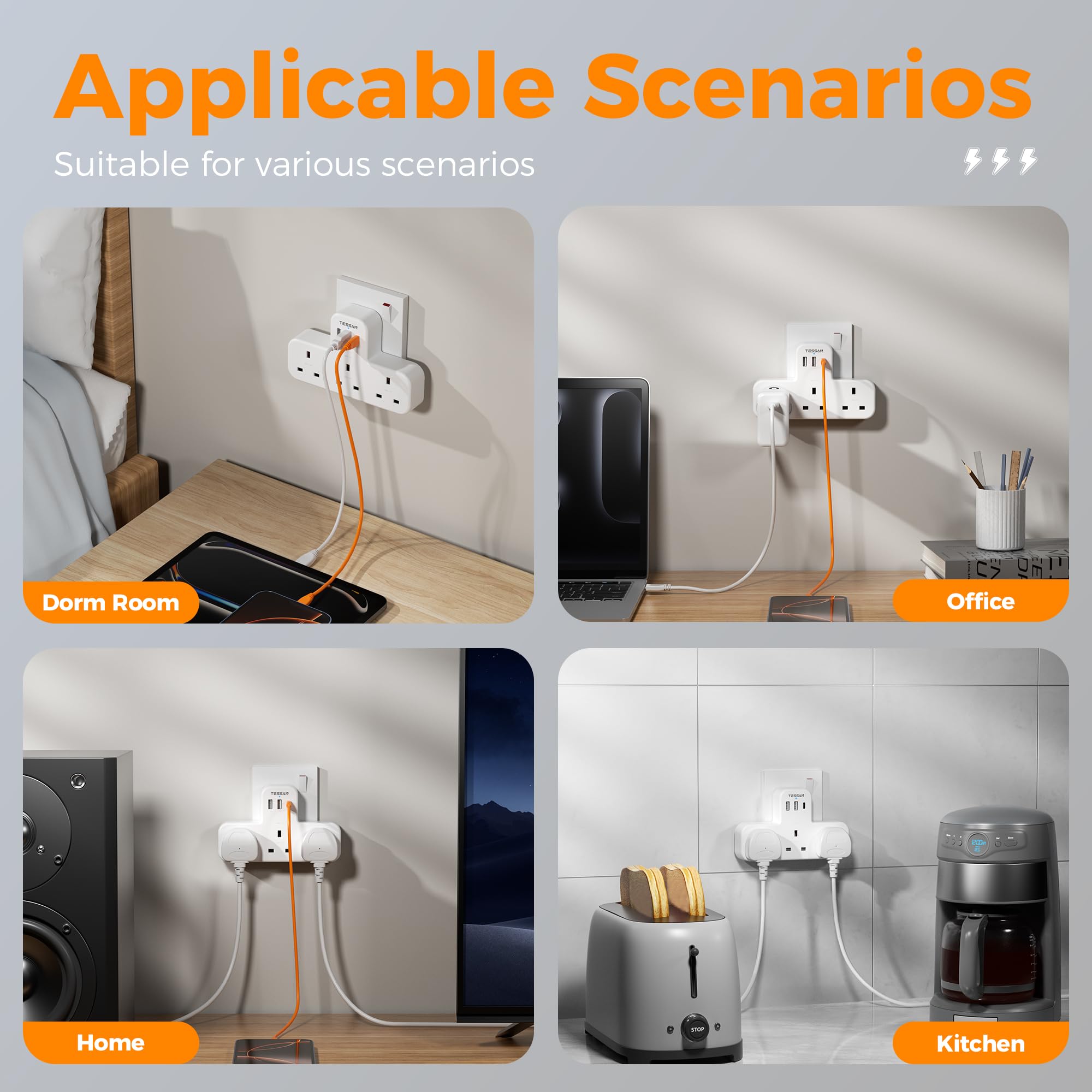 Plug Adapter, TESSAN Plug Extension Socket with 3 USB, 3 Way UK Multi Outlets Extender, Wall Charger for School Home, Kitchen, Office, School Supplies