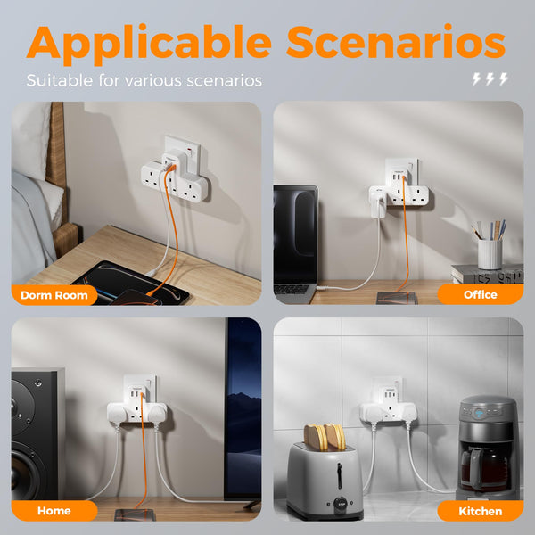 Plug Adapter, TESSAN Plug Extension Socket with 3 USB, 3 Way UK Multi Outlets Extender, Wall Charger for School Home, Kitchen, Office, School Supplies