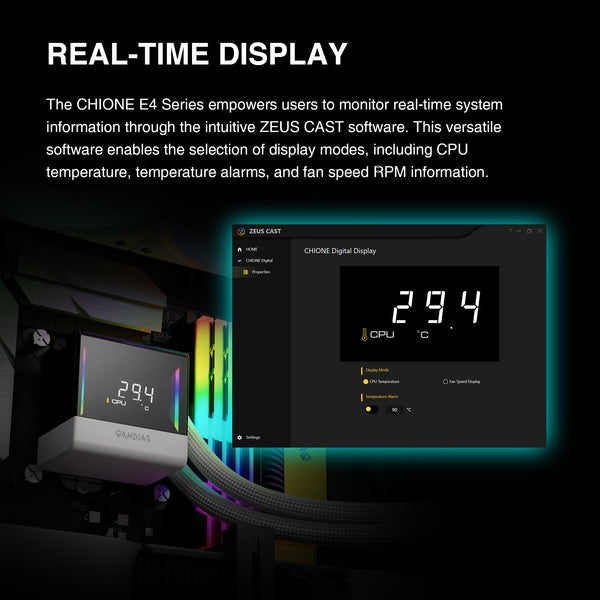 GAMDIAS CHIONE E4 240mm AIO Liquid CPU Cooler, Real-Time Digital Display Patented PWM Pump, 2 x 120mm Easy Cable Management Daisy Chained Fans w/ ARGB Sync, Intel LGA 1851/1700/1200；AMD AM5/AM4, Black