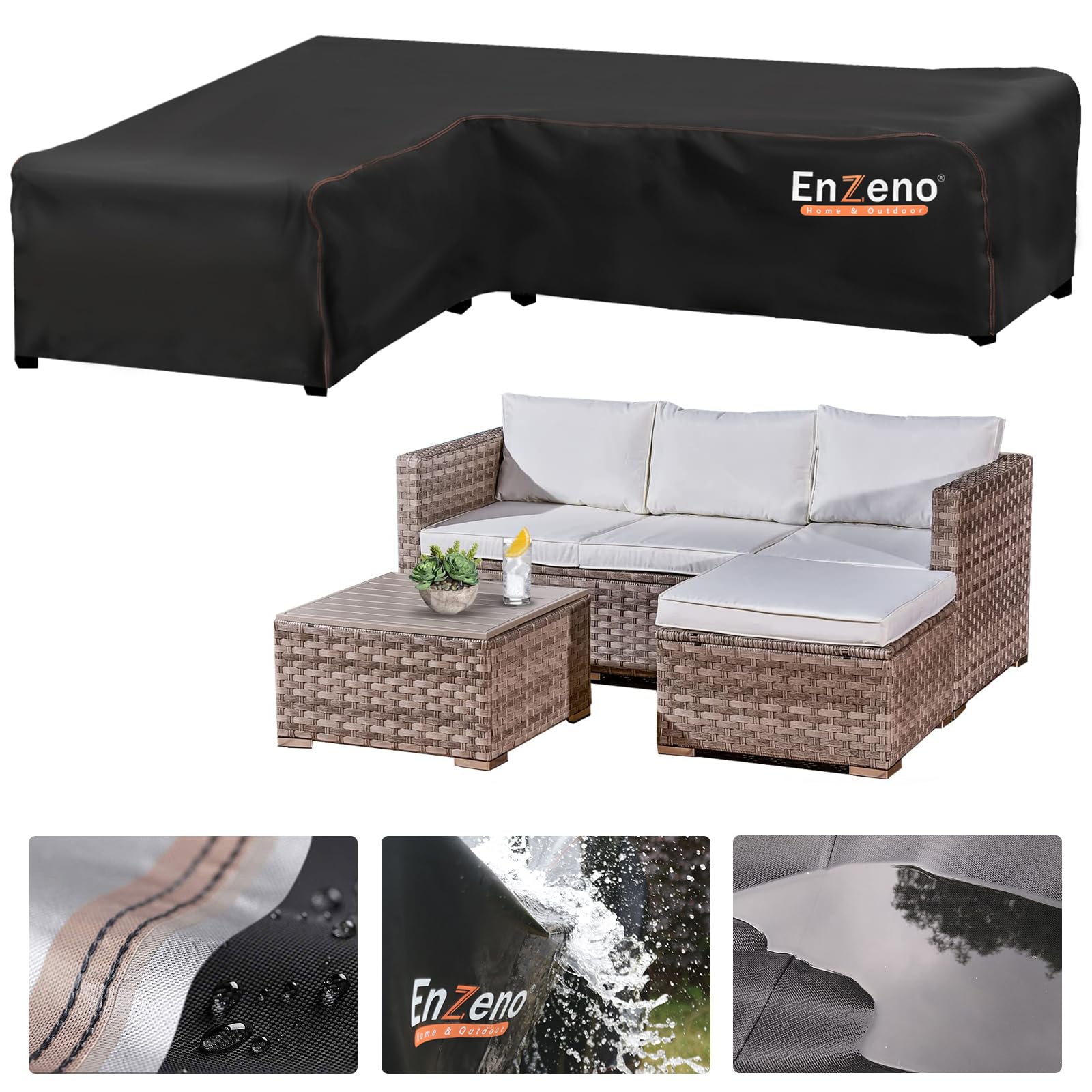 Enzeno Garden Furniture Covers waterproof, 420D Oxford Fabric l shaped outdoor sofa cover, Rattan Corner Sofa Cover with Waterproof Tape