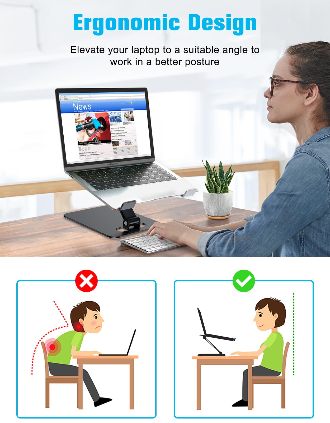 Laptop Stand Lap Desk, Ergonomic Foldable Computer Stand with Adjustable Height, Ventilated Aluminium Alloy Riser Compatible with MacBook Air, Pro, All 10-16" Laptops (Silver)