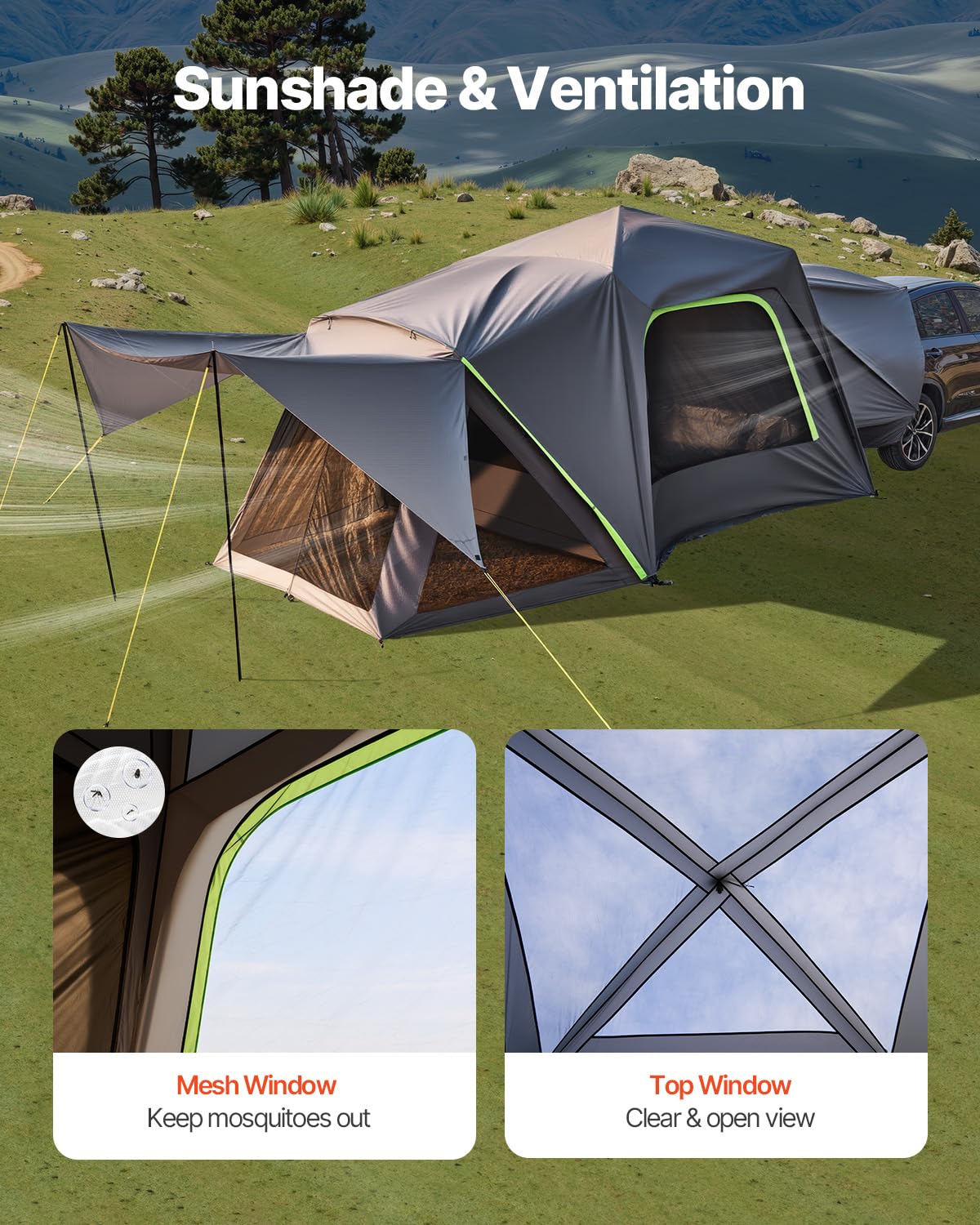 VEVOR Waterproof PU2000mm Spacious Double Layer Design, SUV Camping Tent with Shade Awning and Mesh Windows, Includes Rainfly and Storage Bag