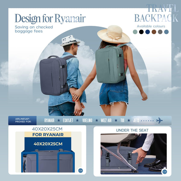 Xkdoai for Ryanair Cabin Bags 40x20x25, Travel Backpack with TSA Approved Clear Bag, Travel Bag Underseat Carry-ons Hand Luggage Bag for Travelling Casual Daypack for Ryan Air Plane