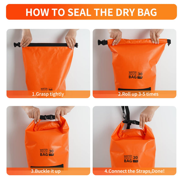 Bojury Waterproof Dry Bag Backpack 30L with Mesh Pocket Adjustable Strap - Roll Top Portable Dry Sack for Kayaking Boat Tour Canoe Swimming Snow Boarding-Blue Fishing Rafting